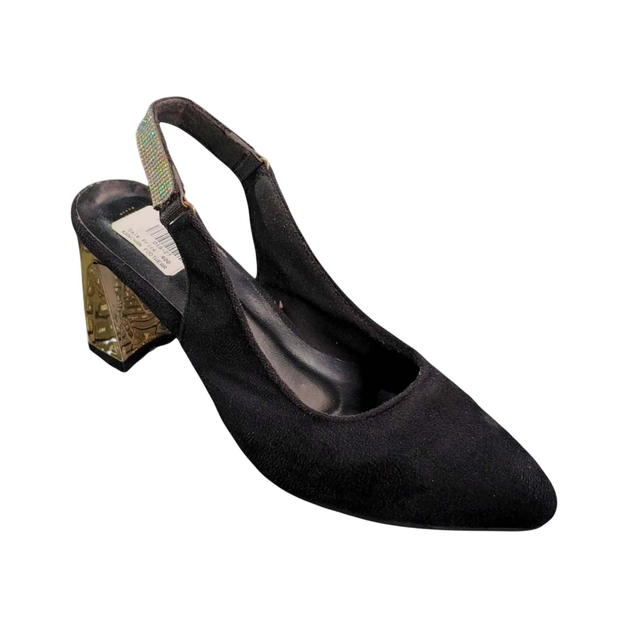 Ladies’ Black Slingback Block Heels (Gold Heel)
D19-27