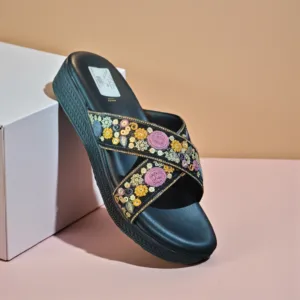 Aura Embroidered Cross-Strap Wedge Slides ART - D43-25